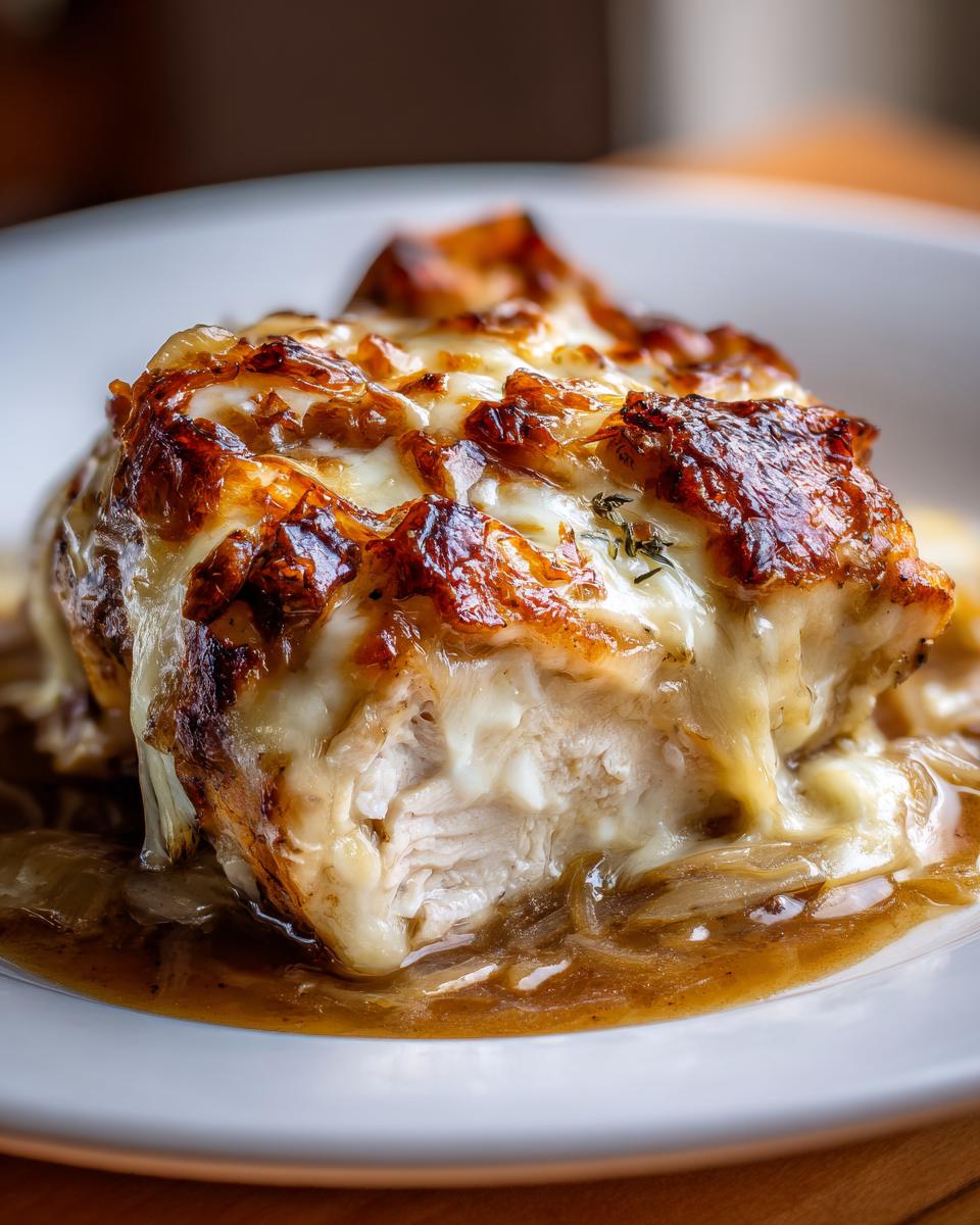 Close-up of juicy french onion chicken breast topped with melted, browned cheese and caramelized onions.