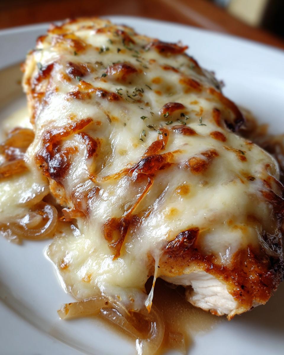 Close-up of a juicy french onion chicken breast topped with bubbly, melted Gruyère cheese and caramelized onions.