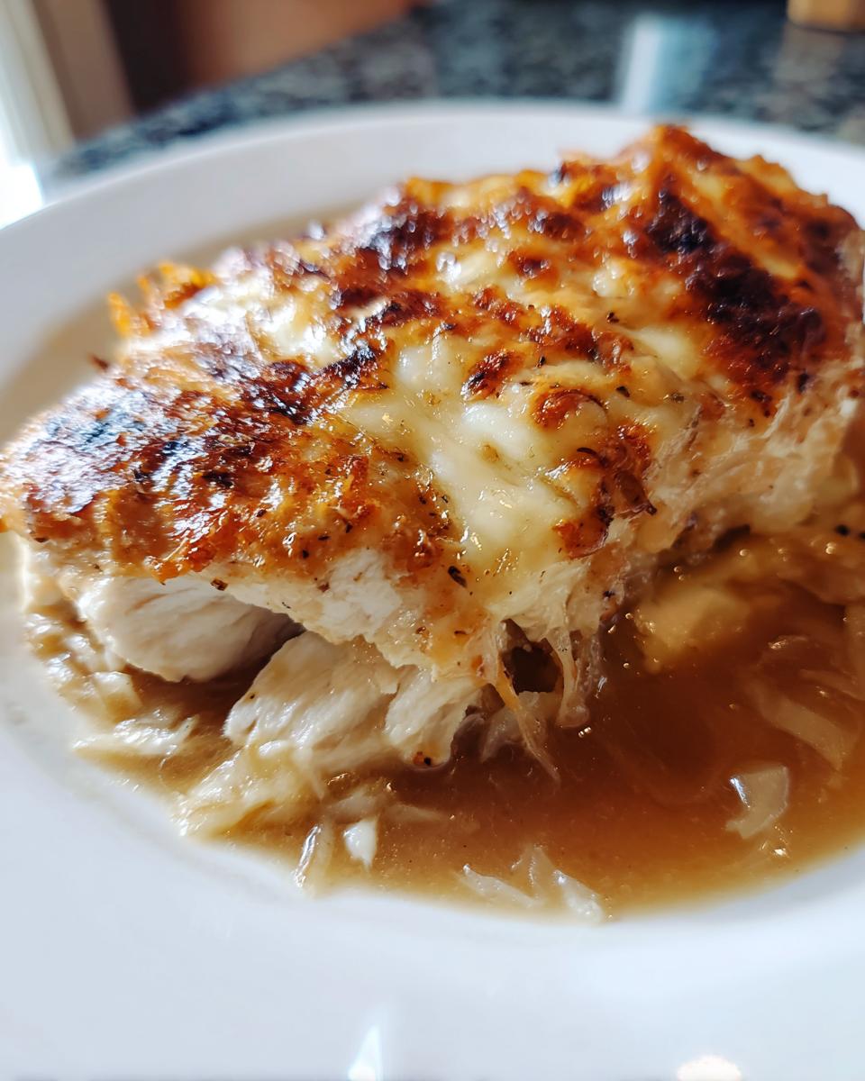 Close-up of juicy french onion chicken breast topped with bubbly, browned melted cheese.