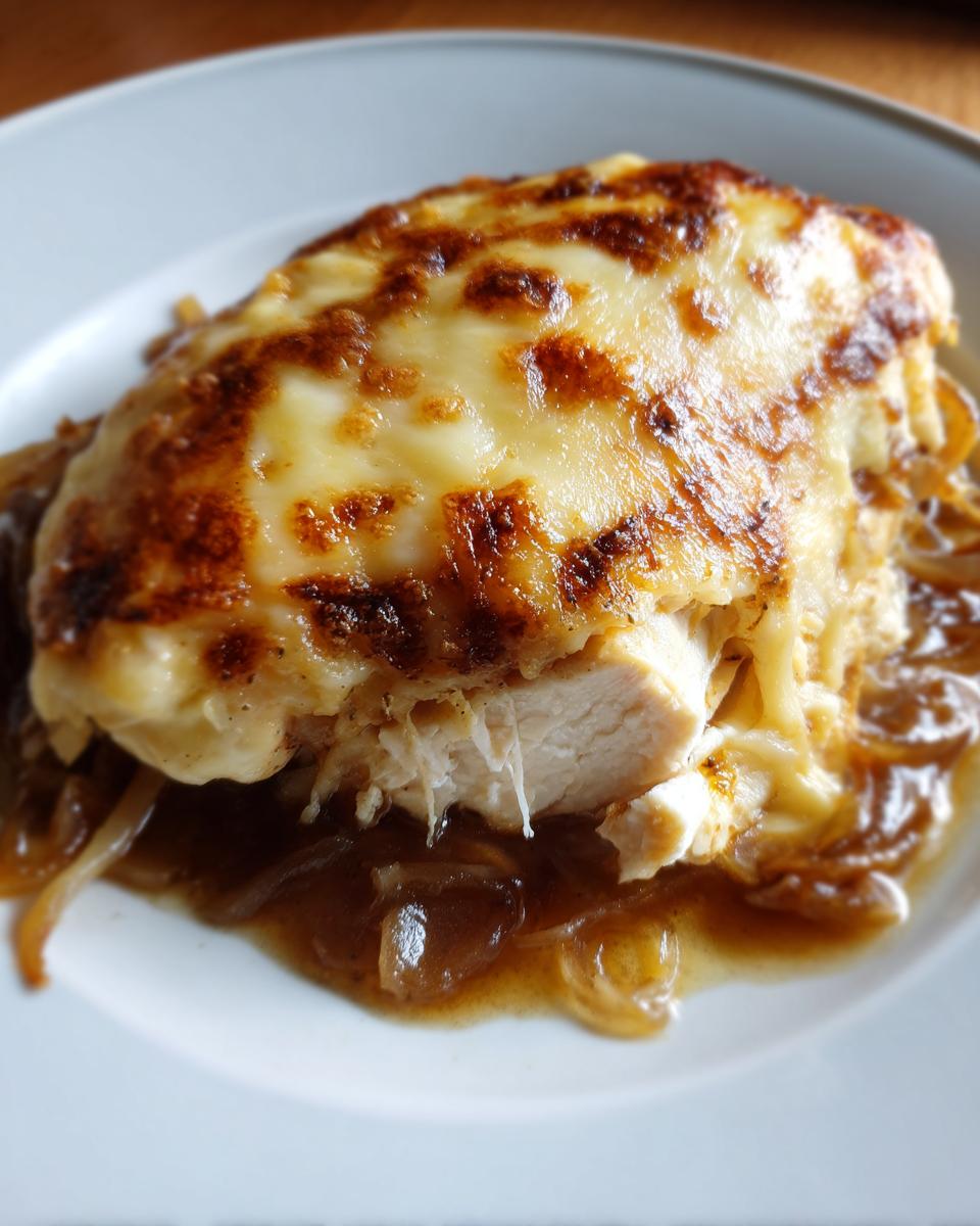 Close-up of juicy french onion chicken breast topped with bubbly, browned melted cheese.
