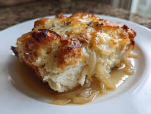 Close-up of a serving of amazing french onion chicken with melted cheese and caramelized onions.
