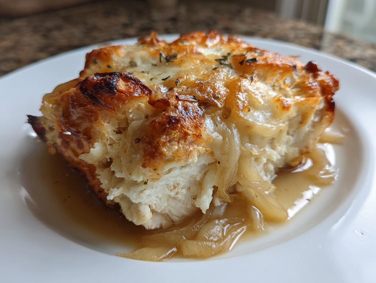 Close-up of a serving of amazing french onion chicken with melted cheese and caramelized onions.