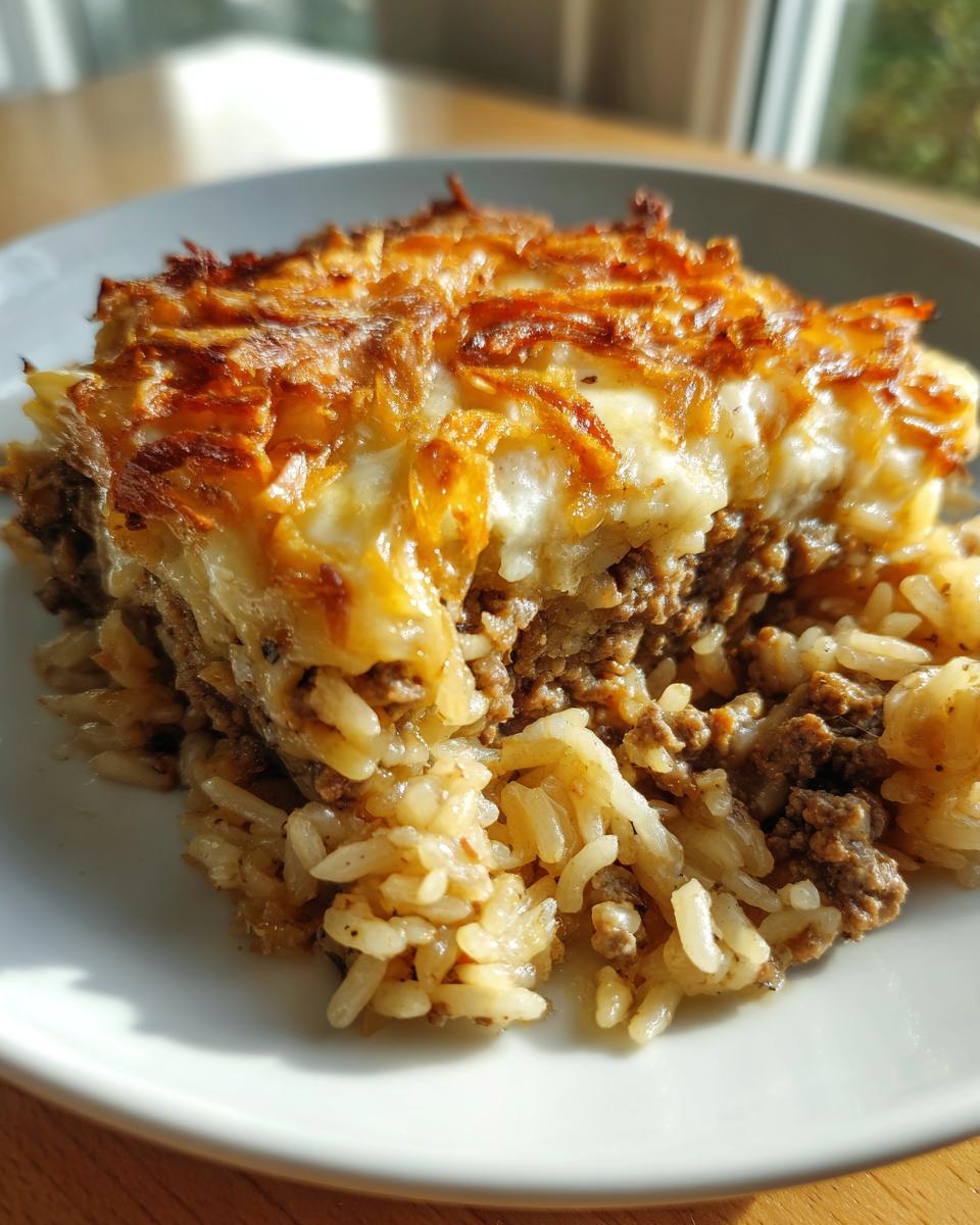 A close-up serving of french onion ground beef and rice casserole with a browned, cheesy topping.