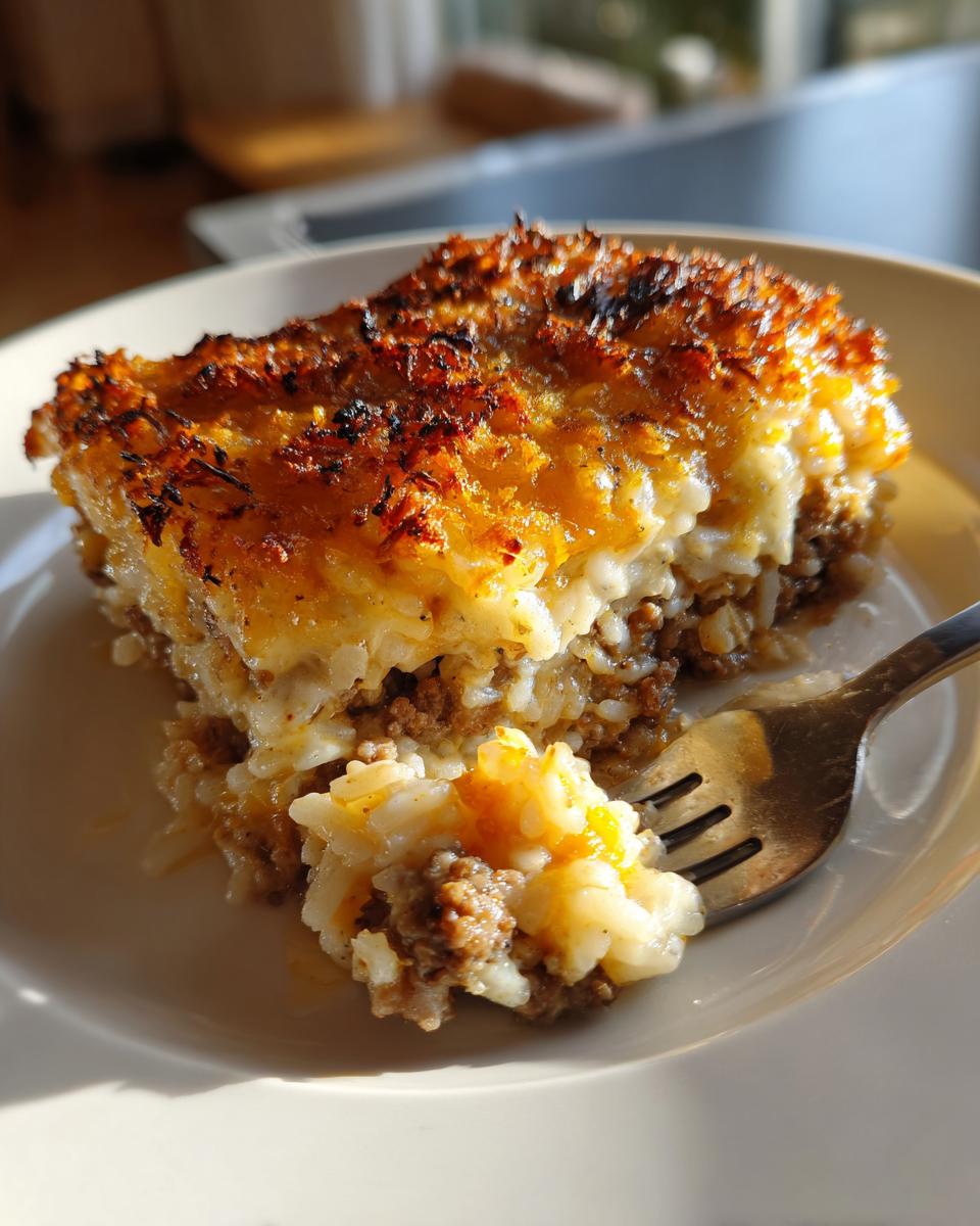 A serving of french onion ground beef and rice casserole with a browned, cheesy top, being lifted by a fork.