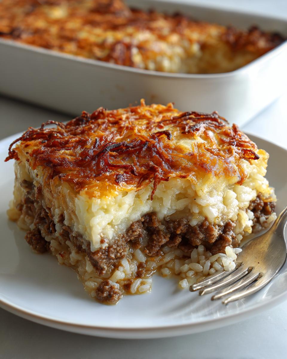 A hearty slice of french onion ground beef and rice casserole with a crispy, browned topping on a white plate.