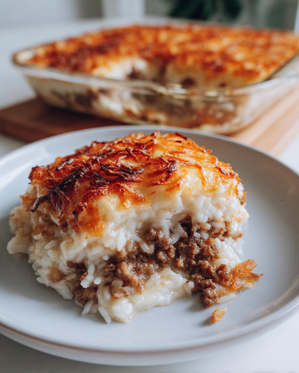 A close-up serving of french onion ground beef and rice casserole with a crispy, browned onion topping.