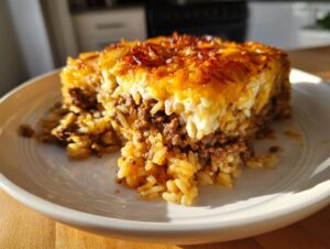 A hearty slice of french onion ground beef and rice casserole with a browned, cheesy topping on a white plate.
