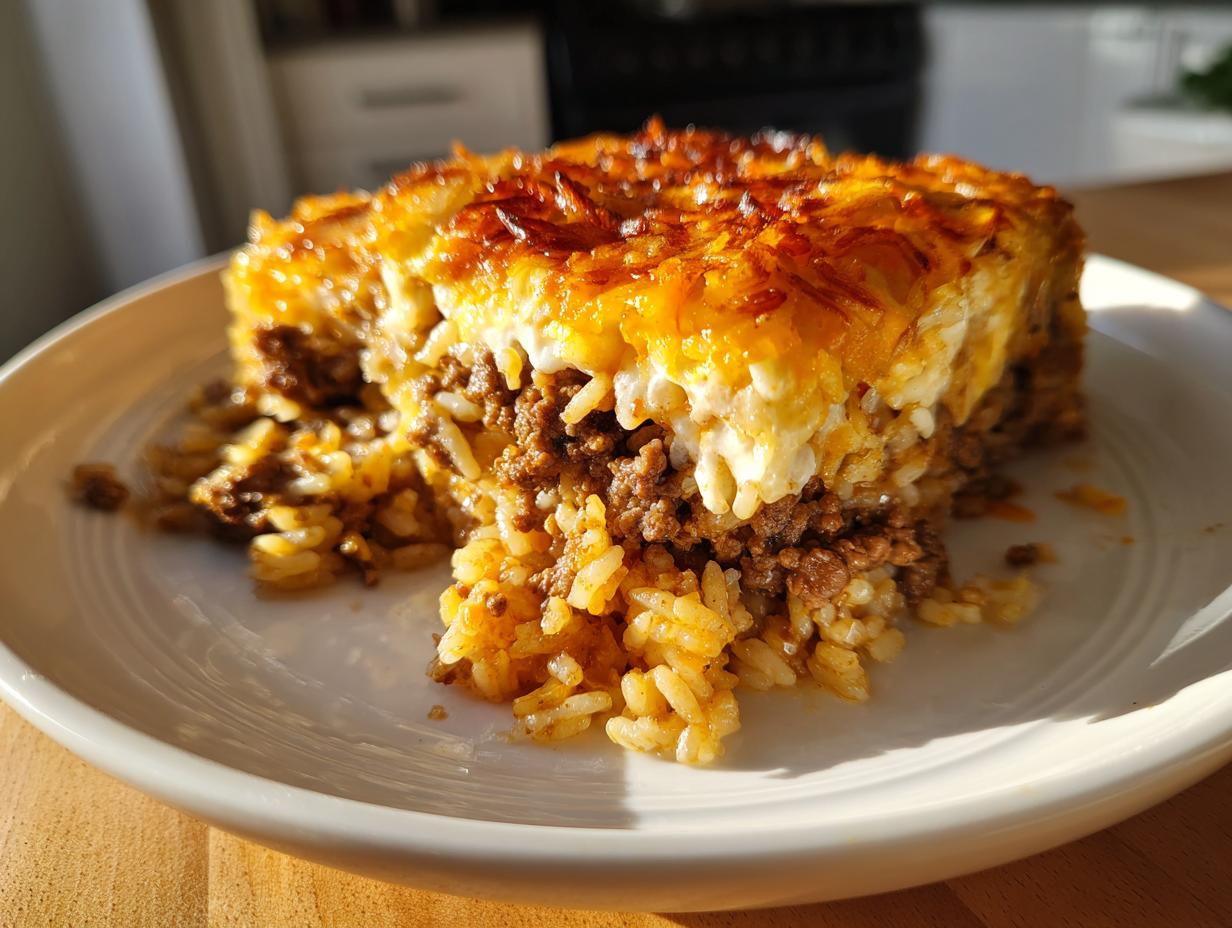 A hearty slice of french onion ground beef and rice casserole with a browned, cheesy topping on a white plate.