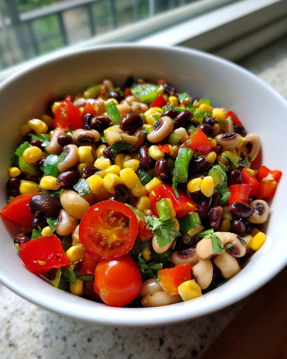 Close-up of vibrant cowboy caviar salad featuring black beans, corn, black-eyed peas, and cherry tomatoes in a white bowl.