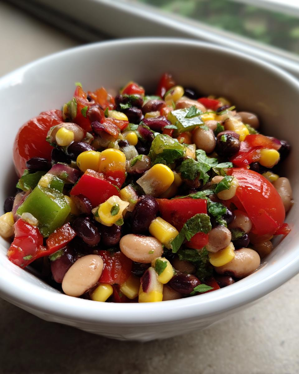 Close-up of colorful cowboy caviar featuring black beans, corn, tomatoes, and peppers in a white bowl.