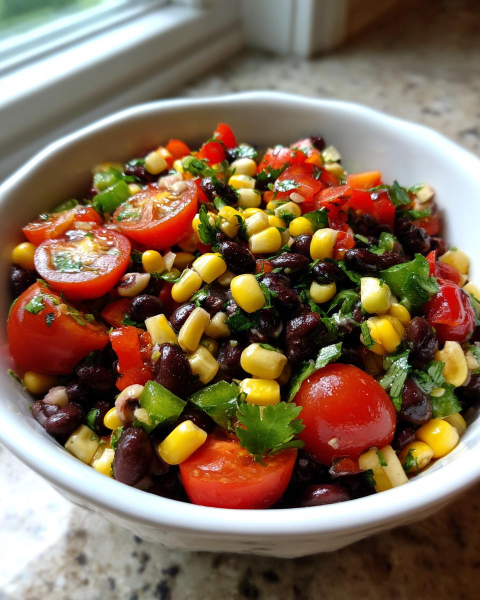 Close-up of vibrant cowboy caviar featuring black beans, corn, cherry tomatoes, and cilantro in a white bowl.
