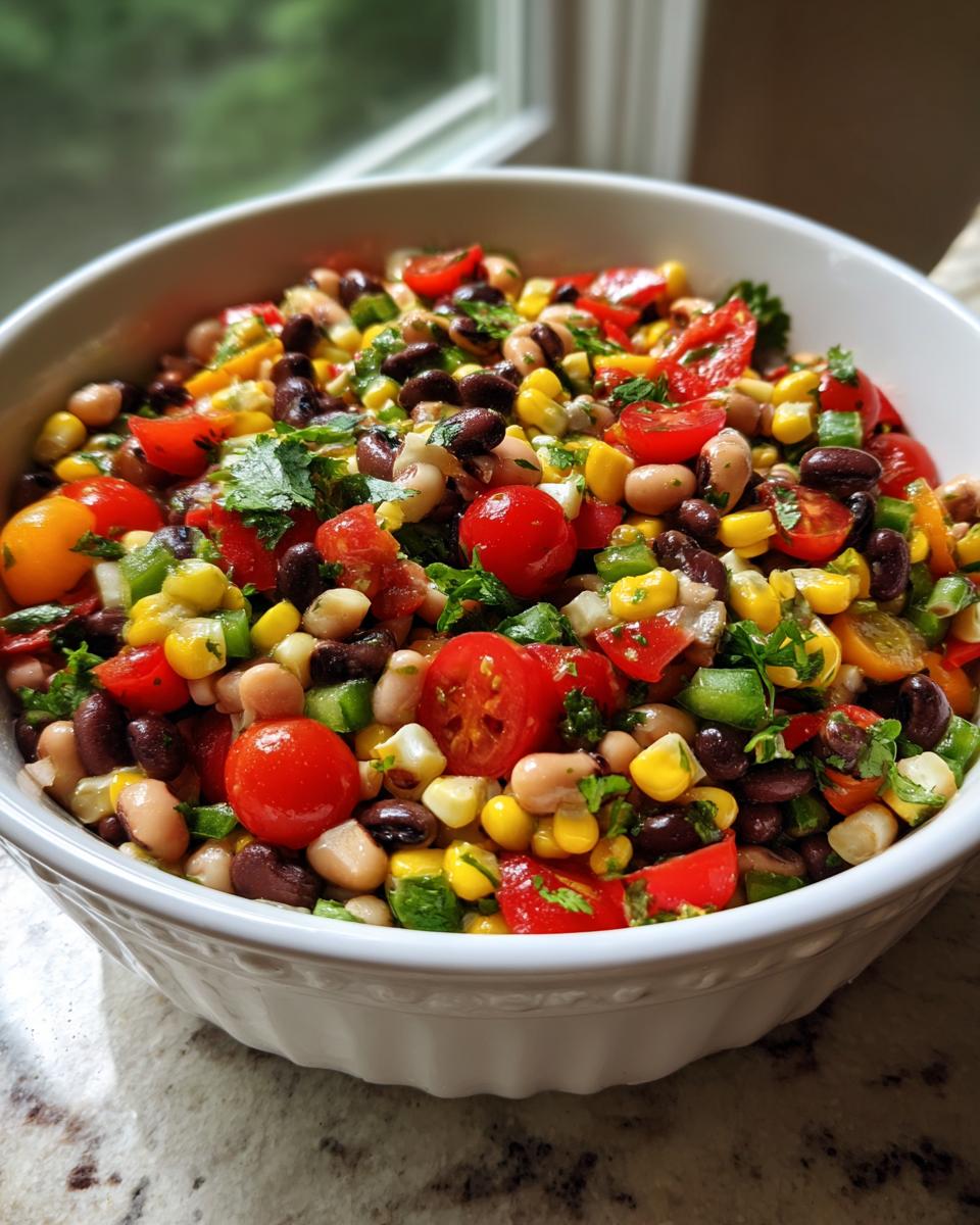 Close-up of colorful cowboy caviar featuring beans, corn, tomatoes, and cilantro in a white bowl.