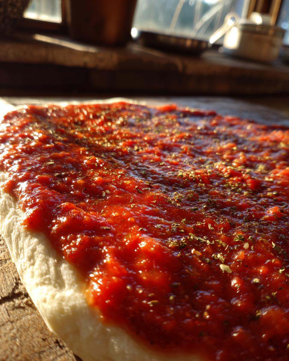 Close-up of fresh pizza dough generously spread with vibrant red pizza sauce and sprinkled with dried herbs.