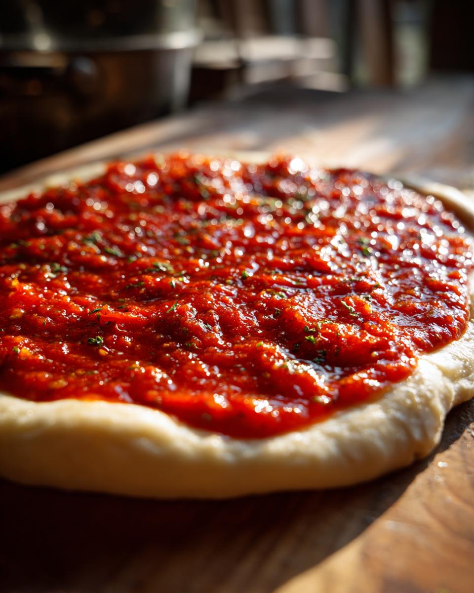 Close-up of vibrant red pizza sauce generously spread over raw pizza dough, ready for baking.