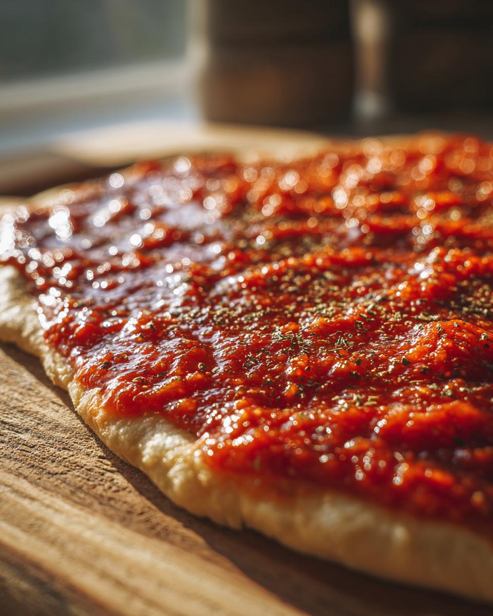 Close-up of uncooked pizza dough generously topped with bright red pizza sauce and dried herbs.