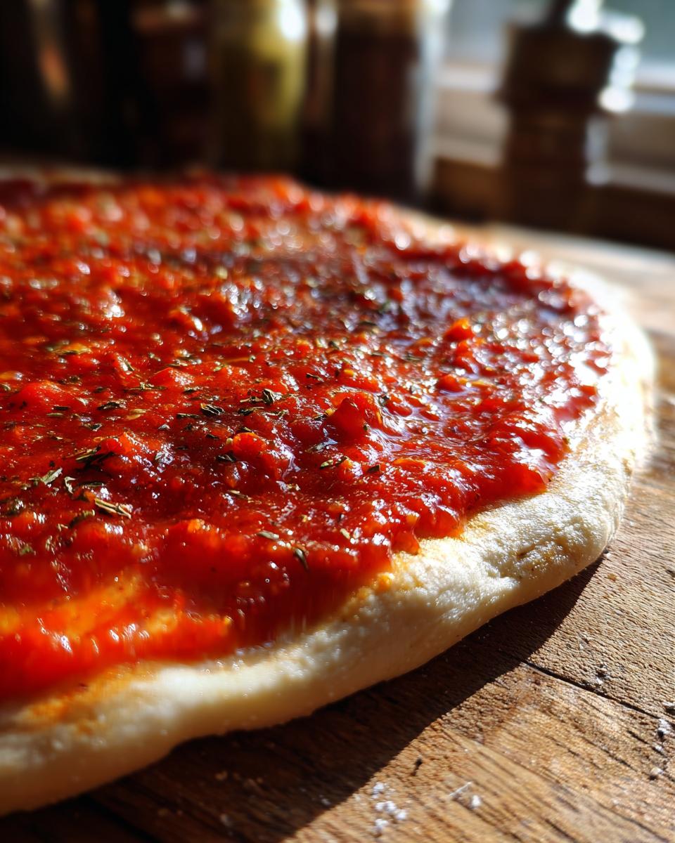 Close-up of raw pizza dough generously spread with vibrant red pizza sauce and sprinkled with herbs.