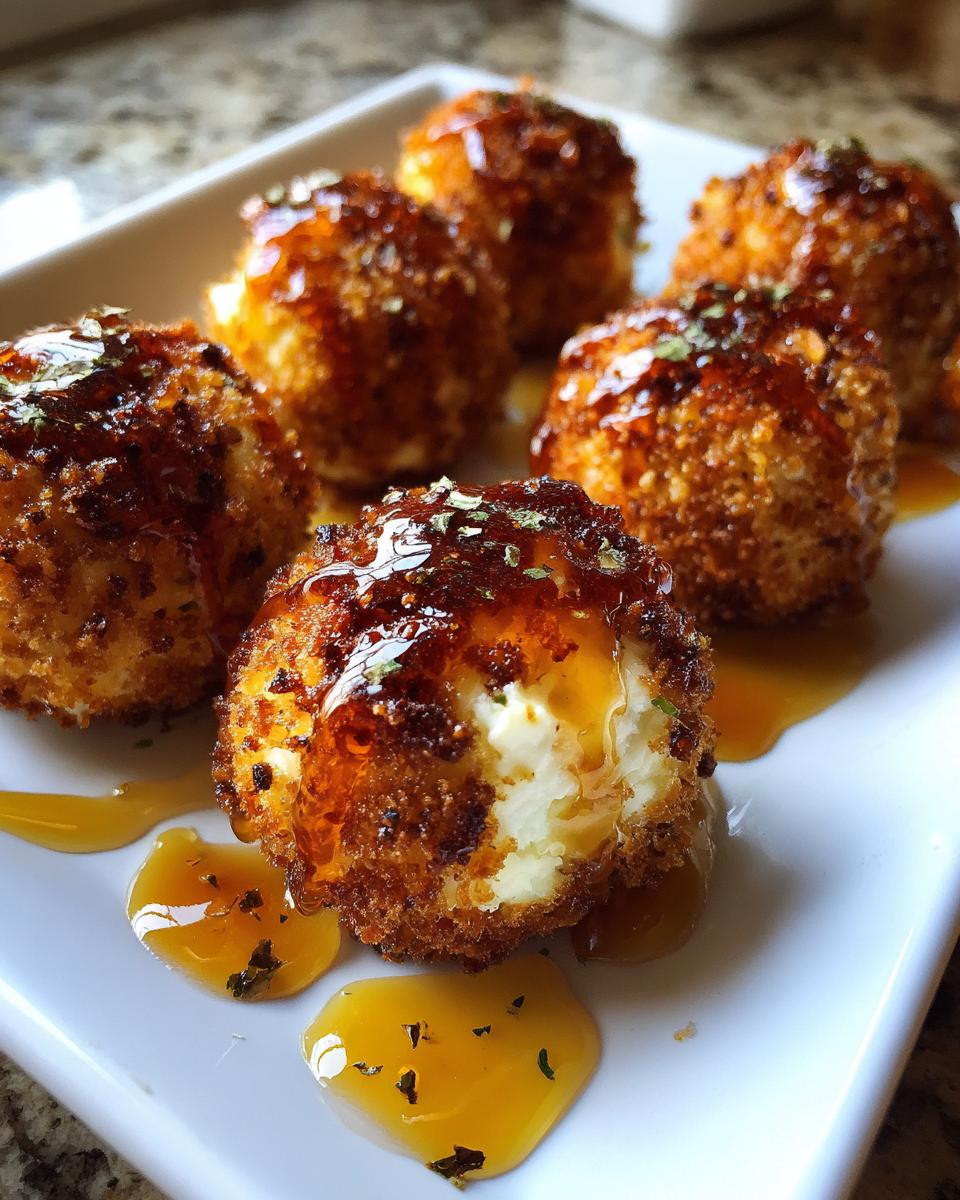 Close-up of crispy fried goat cheese balls drizzled with honey and sprinkled with herbs on a white plate.