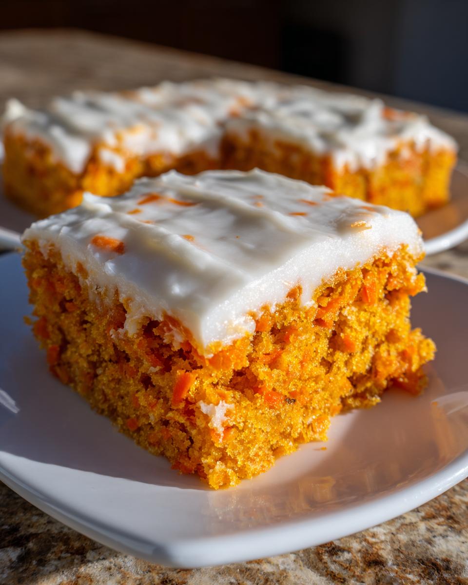 A close-up, sunlit shot of a square slice of moist carrot cake bars topped with thick white cream cheese frosting.
