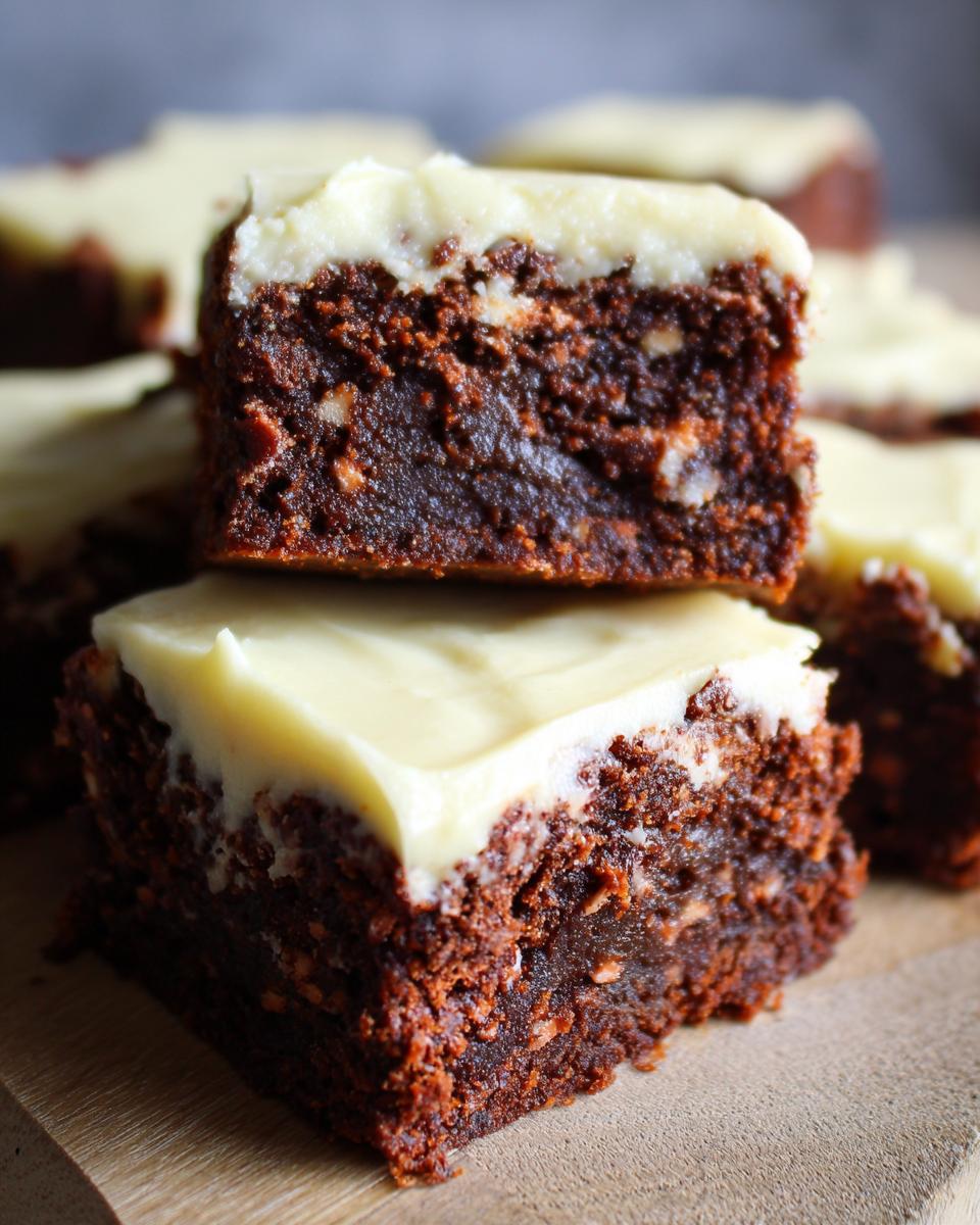 Two stacked, rich, fudgy gingerbread brownies topped with thick cream cheese frosting.