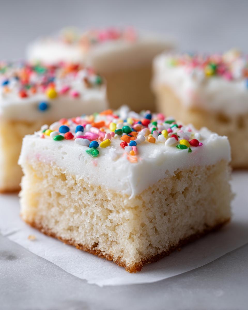 A close-up of a square portion of soft, baked sugar cookie bars topped with white frosting and colorful sprinkles.