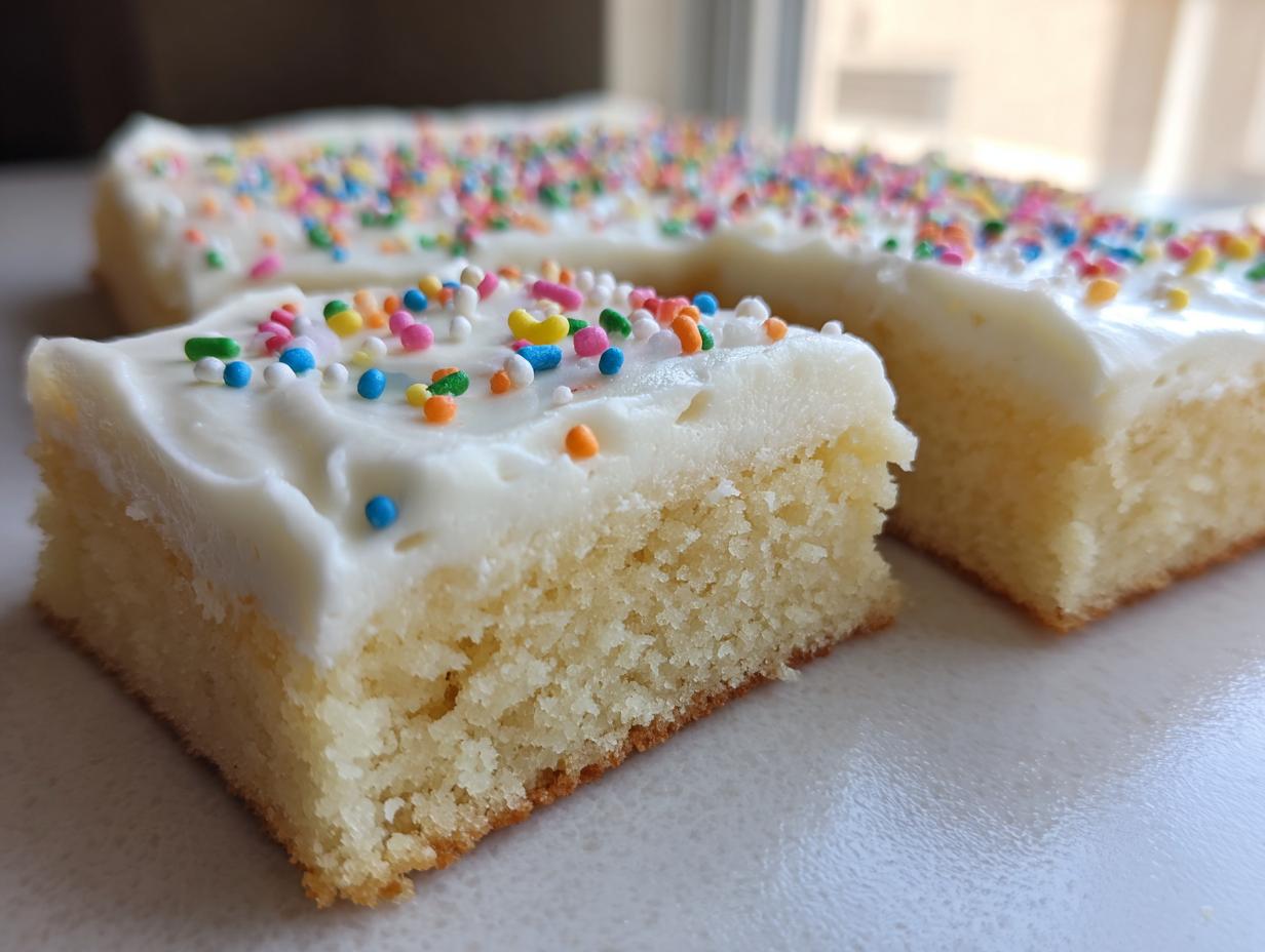 A close-up of a square cut of soft, vanilla sugar cookie bars topped with white frosting and colorful sprinkles.