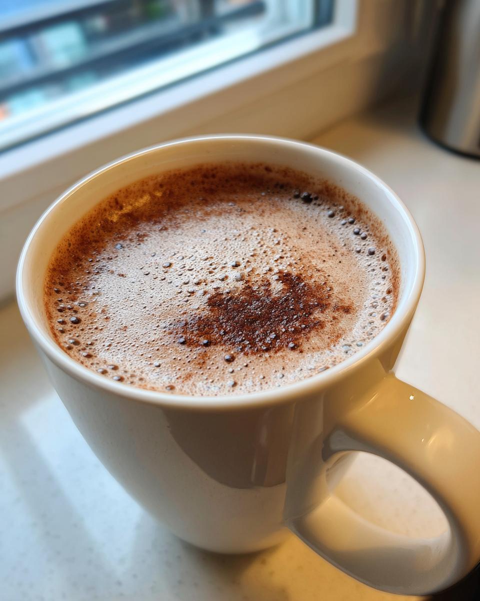 Close-up of a frothy cup of authentic mexican hot chocolate resting on a windowsill.