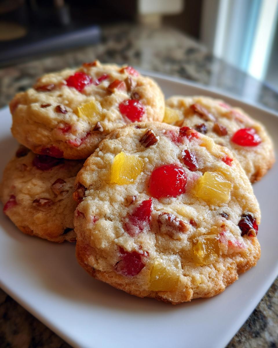 A stack of four soft, chewy fruitcake cookies studded with bright red cherries and yellow pineapple chunks.
