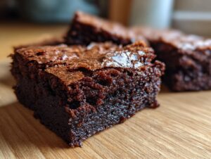 Close-up of a fudgy, dark chocolate brownie piece showing its shiny, crackled top texture.