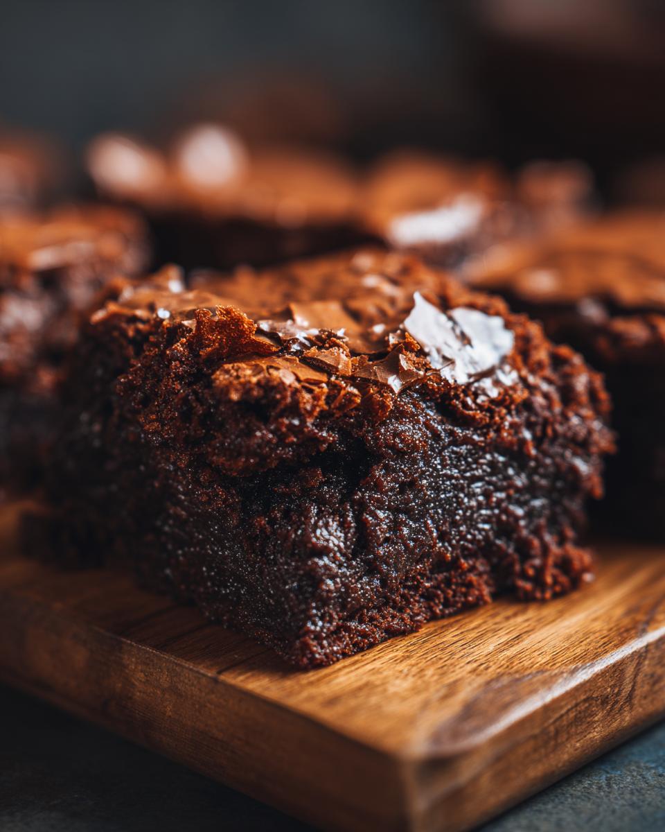 Close-up of a rich, fudgy square of brownies with flaky sea salt on top, resting on a wooden board.