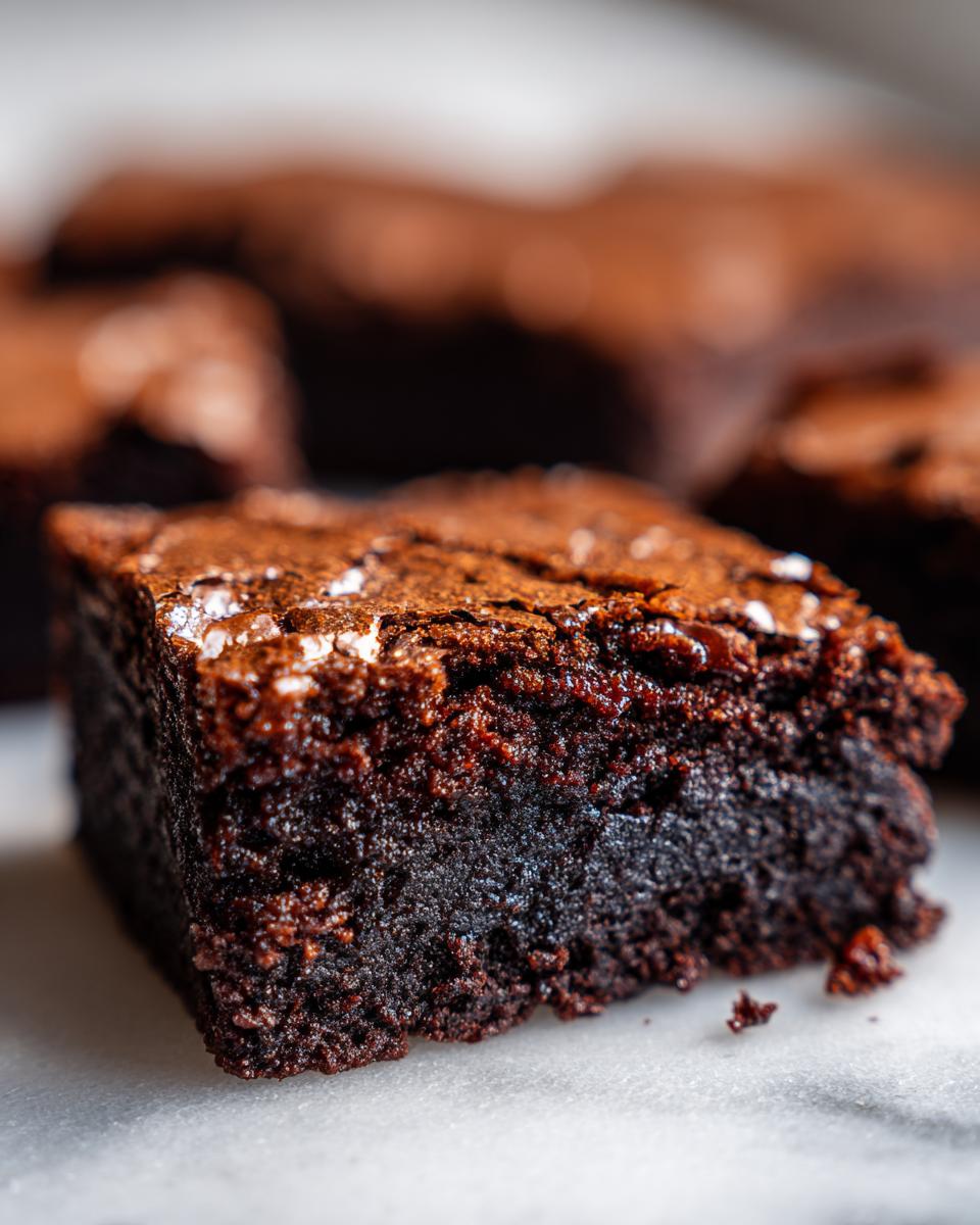 Extreme close-up of a fudgy, dark chocolate square of brownies with a slightly cracked, shiny top.