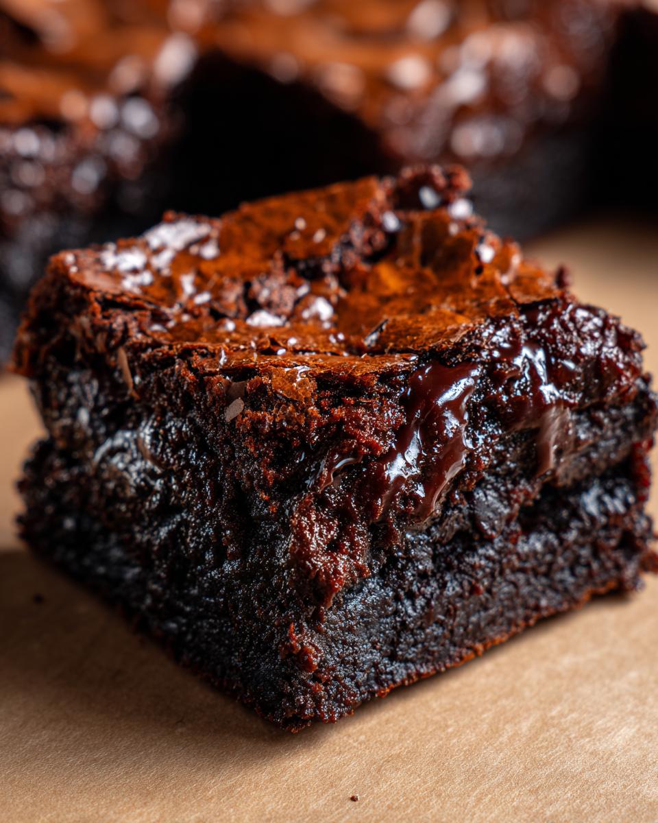 Close-up of a fudgy brownies square topped with melted chocolate drizzle and flaky sea salt.