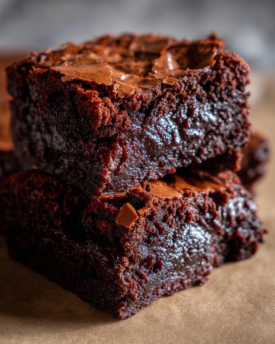 Close-up of two stacked, fudgy brownies showing a glossy, dark interior and cracked top.