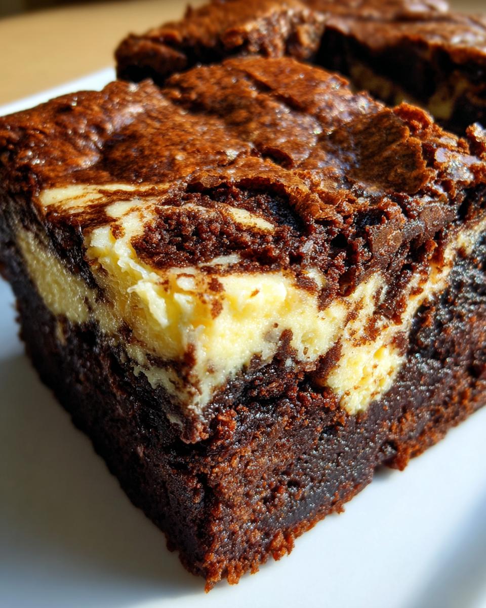 Close-up of a fudgy cream cheese brownies slice showing the dense chocolate base and marbled cream cheese swirl topping.