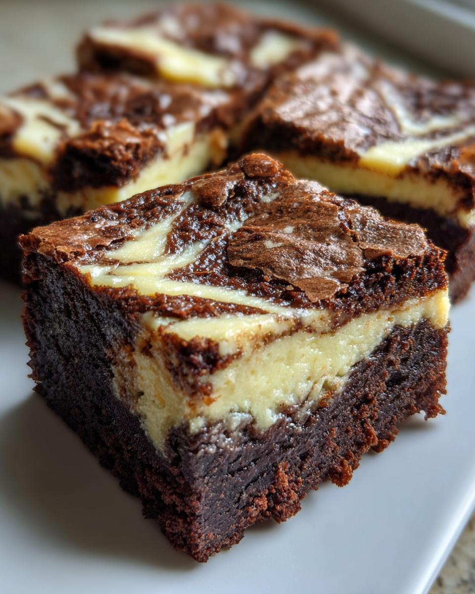 Close-up of a fudgy slice of cream cheese brownies showing the dark chocolate base and marbled cream cheese swirl.