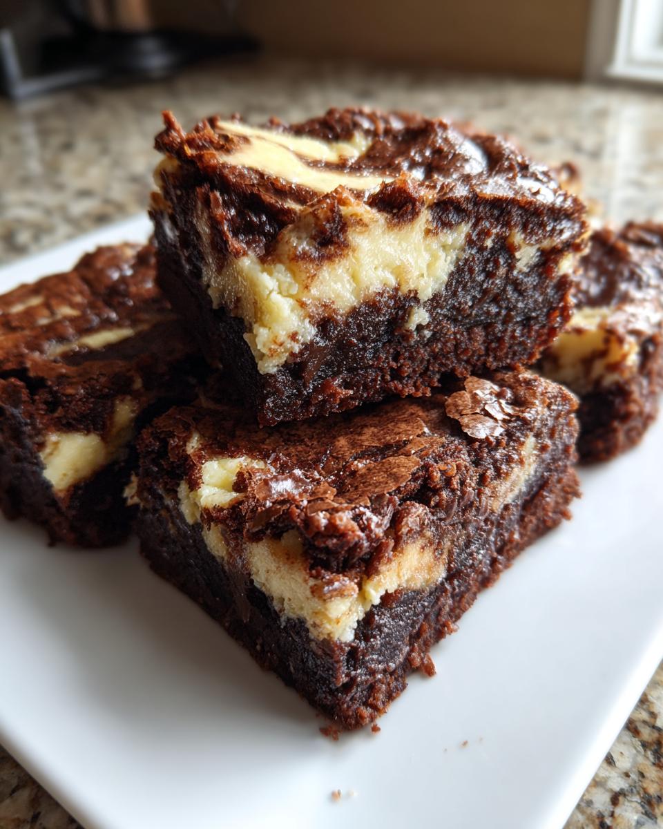 Close-up of fudgy cream cheese brownies stacked, showing the dark chocolate base and creamy white cream cheese swirl.