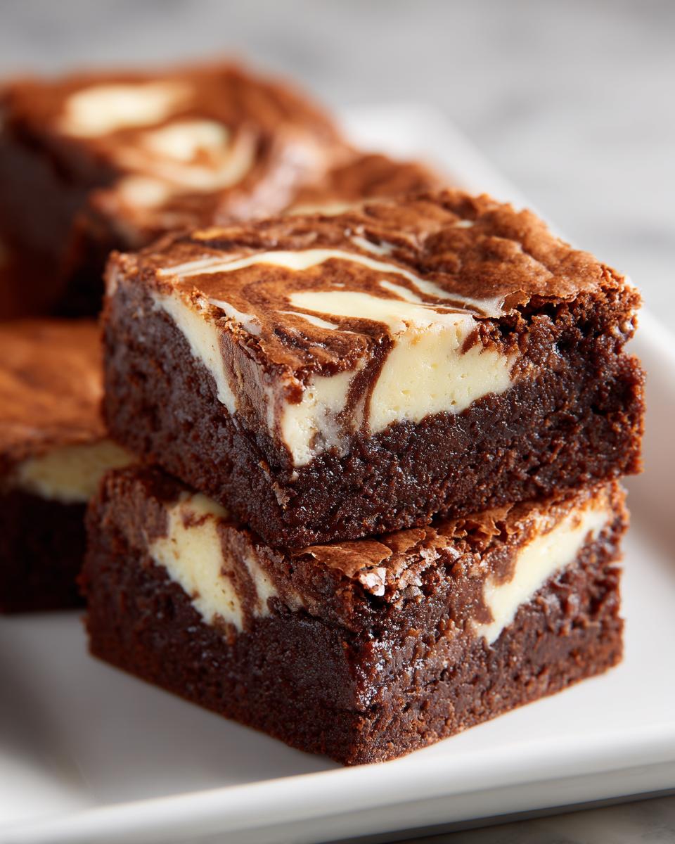 Two fudgy cream cheese brownies stacked, showing the dark chocolate base and white cream cheese swirl topping.