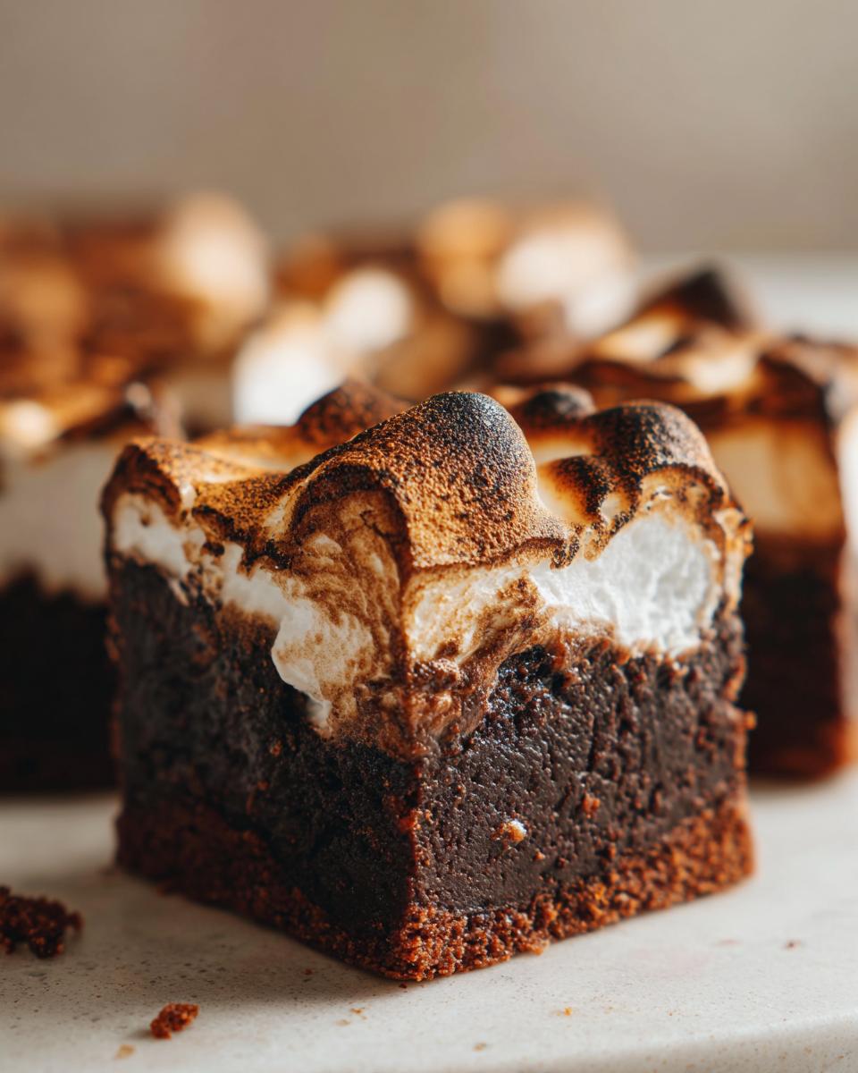 Close-up of a fudgy hot chocolate brownie square topped with a thick layer of toasted, browned marshmallow.
