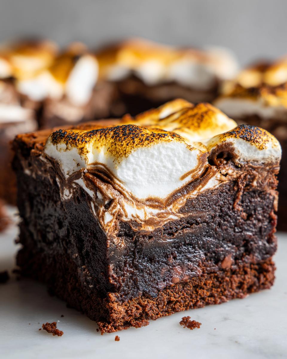 Close-up of a fudgy hot chocolate brownie square topped with a swirl of toasted marshmallow.