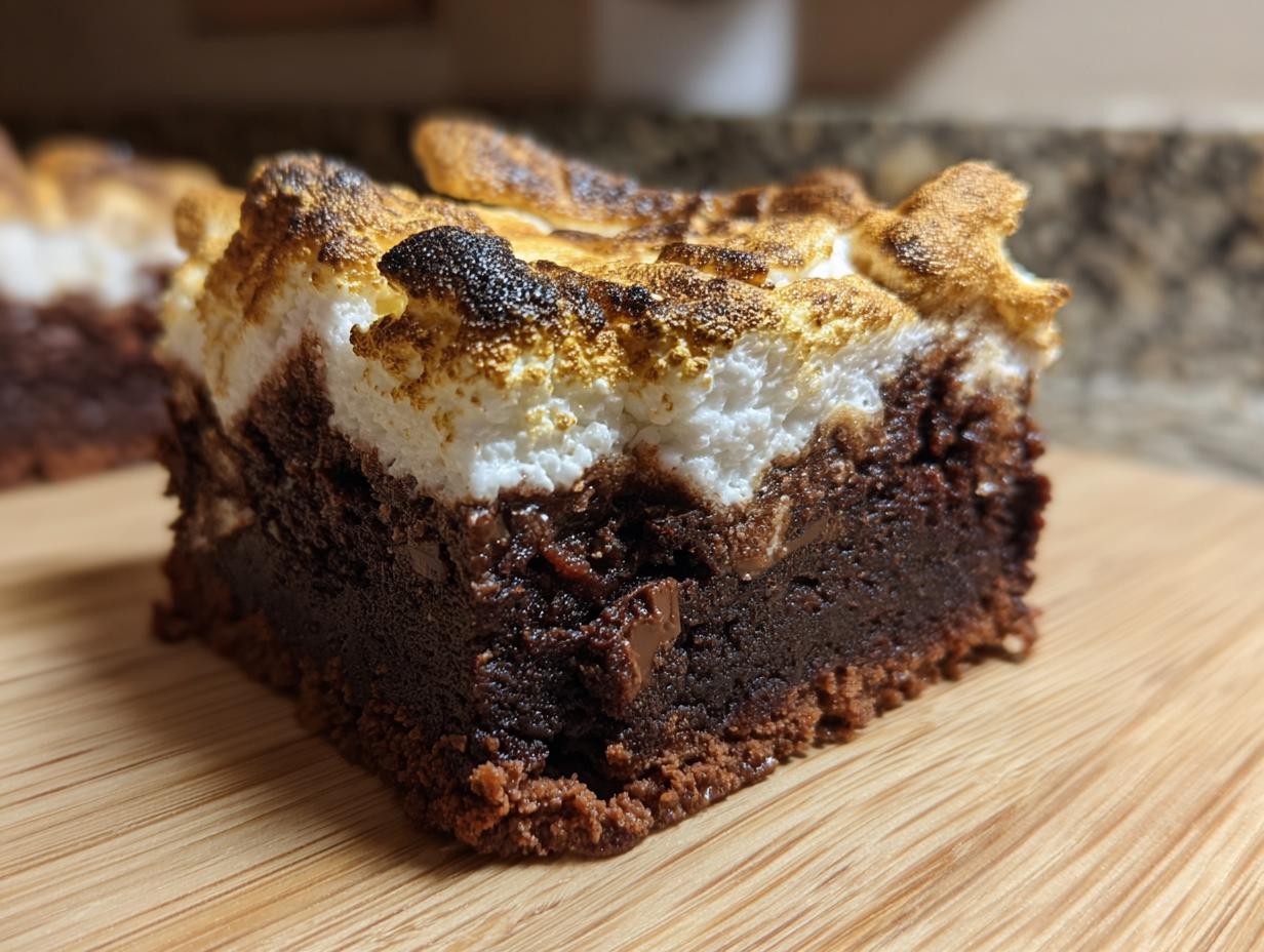Close-up of a fudgy hot chocolate brownie topped with toasted, golden-brown marshmallow.