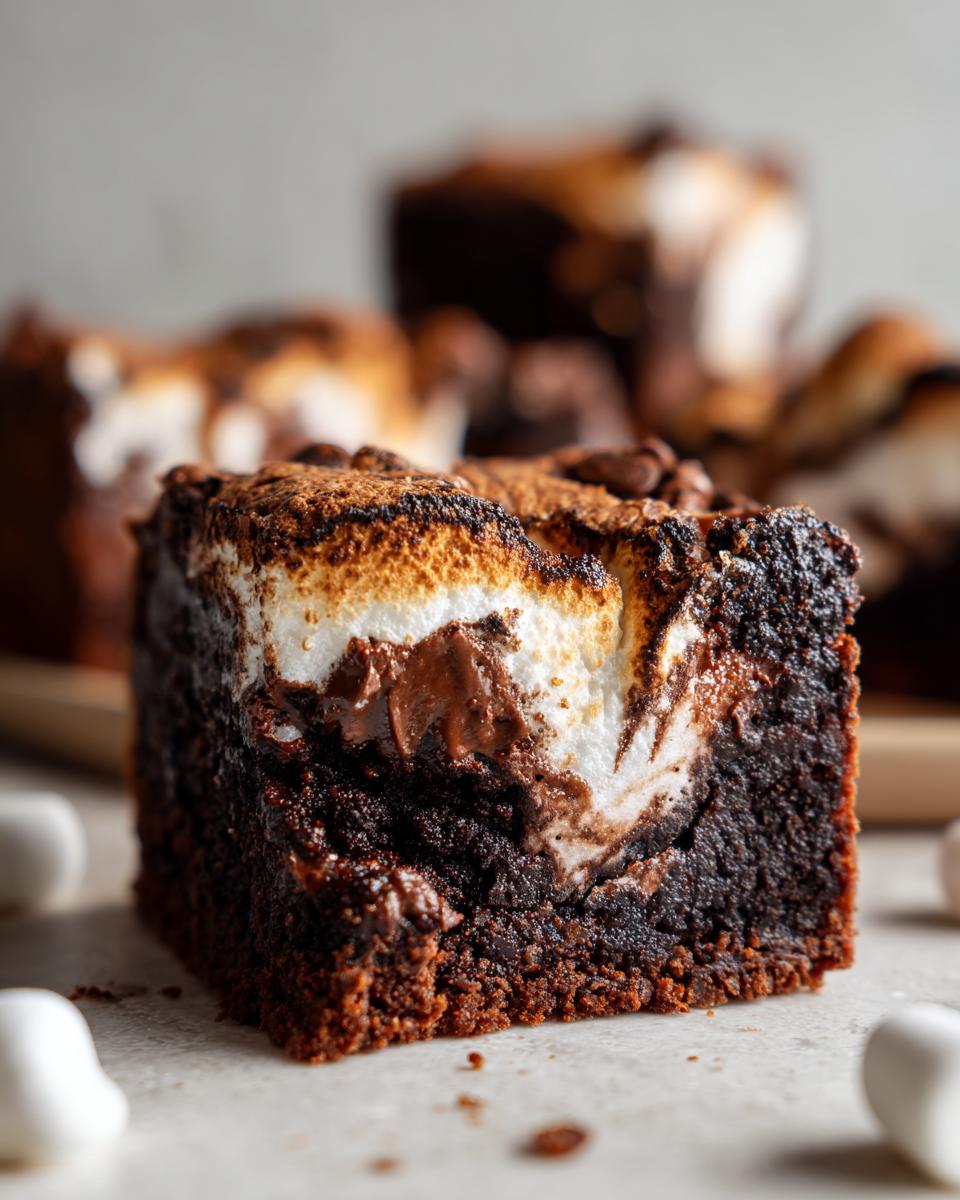 Close-up of a fudgy hot chocolate brownie square topped with a toasted marshmallow swirl and cocoa powder.