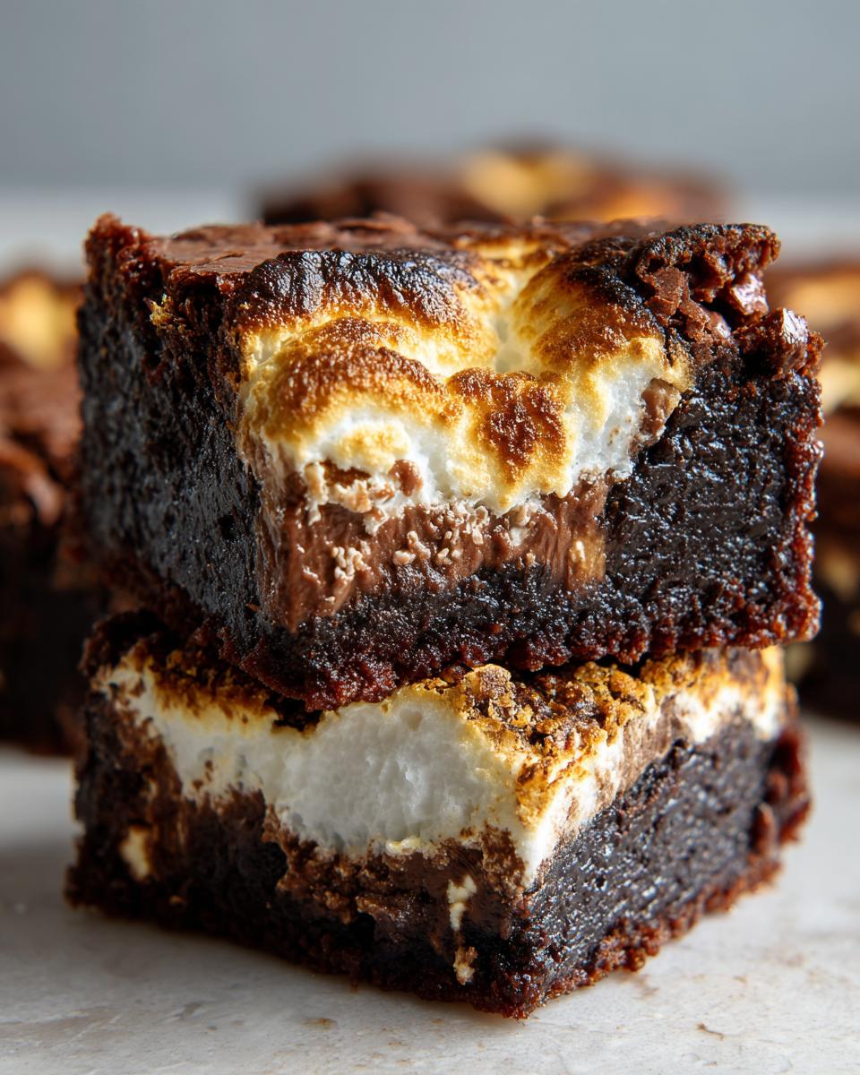 Two stacked, fudgy hot chocolate brownies topped with a layer of toasted, golden brown marshmallow.