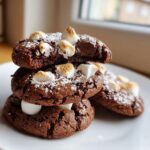 A stack of three rich, dark hot chocolate cookies topped with toasted mini marshmallows and powdered sugar.