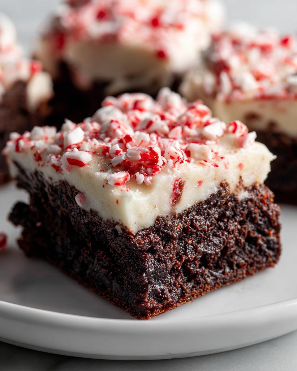A close-up of a fudgy peppermint brownies square topped with thick white frosting and crushed candy canes.