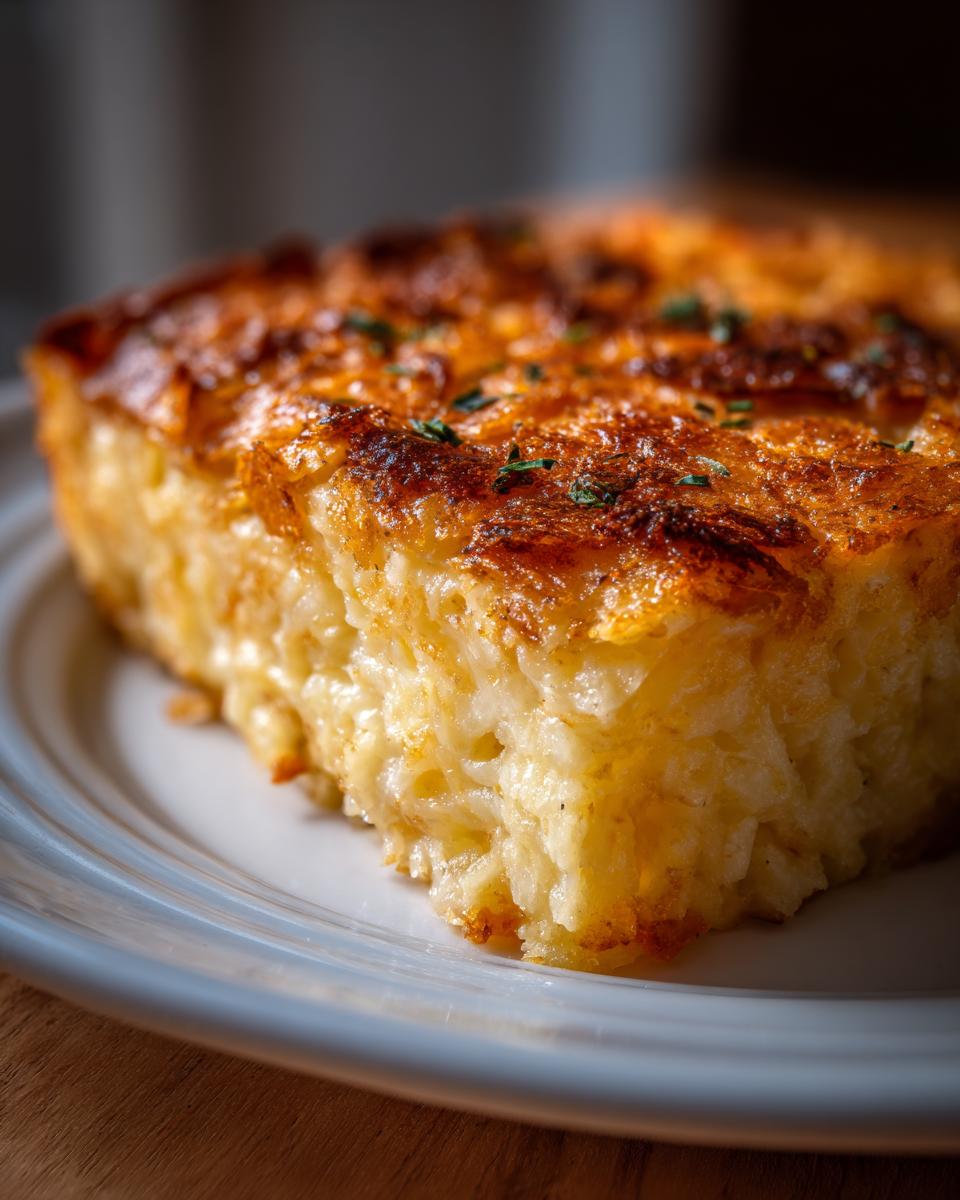 Close-up of a square serving of creamy funeral potatoes recipe with a deeply browned, cheesy crust.