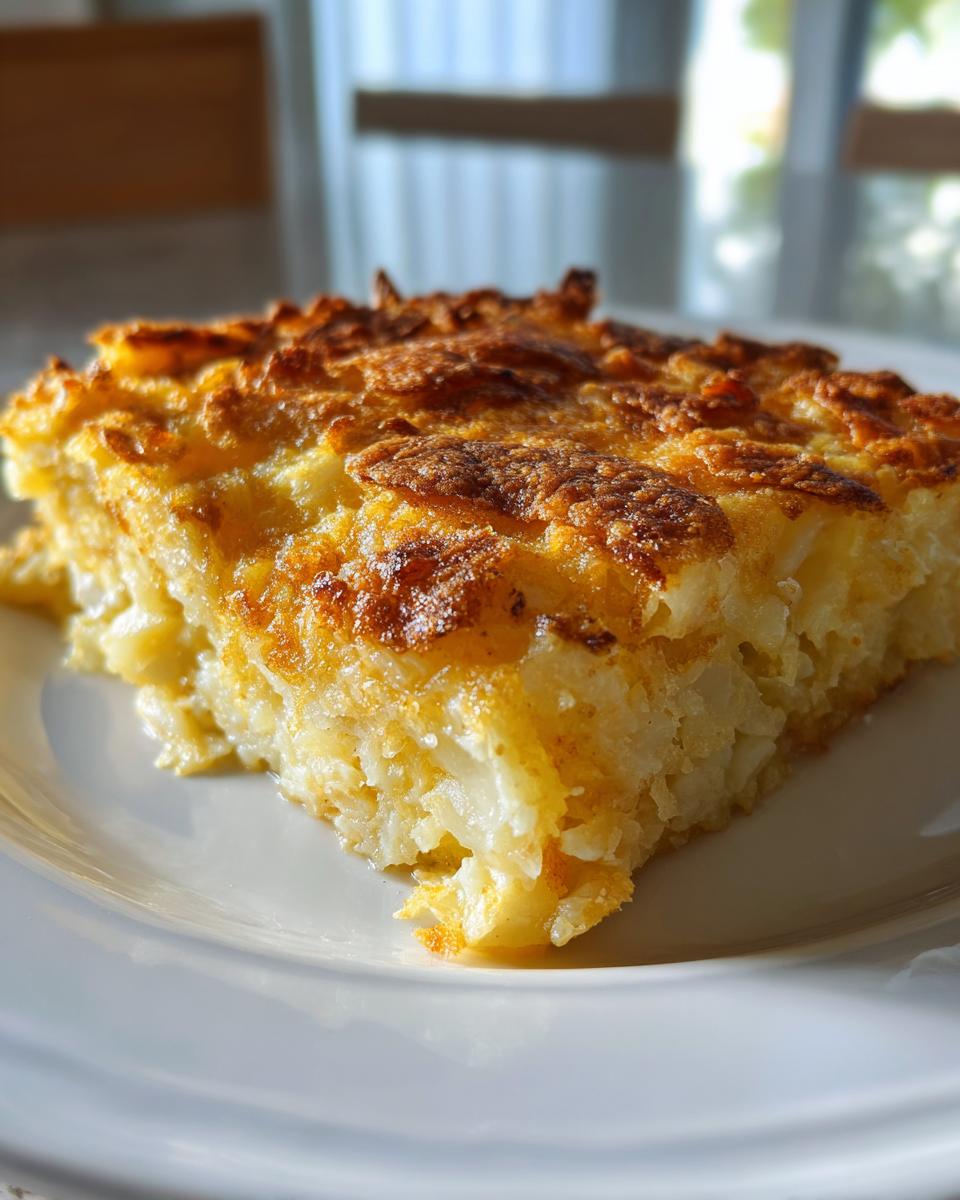 A close-up of a golden brown, cheesy slice of funeral potatoes recipe on a white plate.