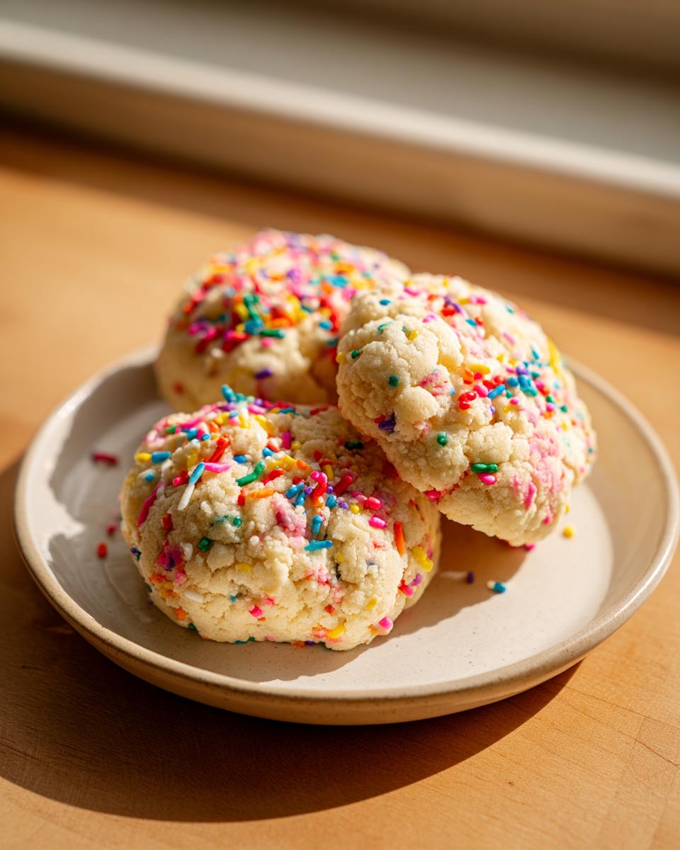 Three soft, thick cake batter cookies loaded with colorful sprinkles resting on a small beige plate.