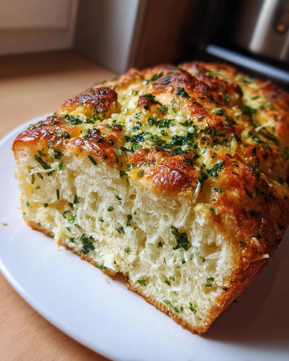 Close-up of a freshly baked loaf of garlic herb bread showing a fluffy interior and golden, glistening top.