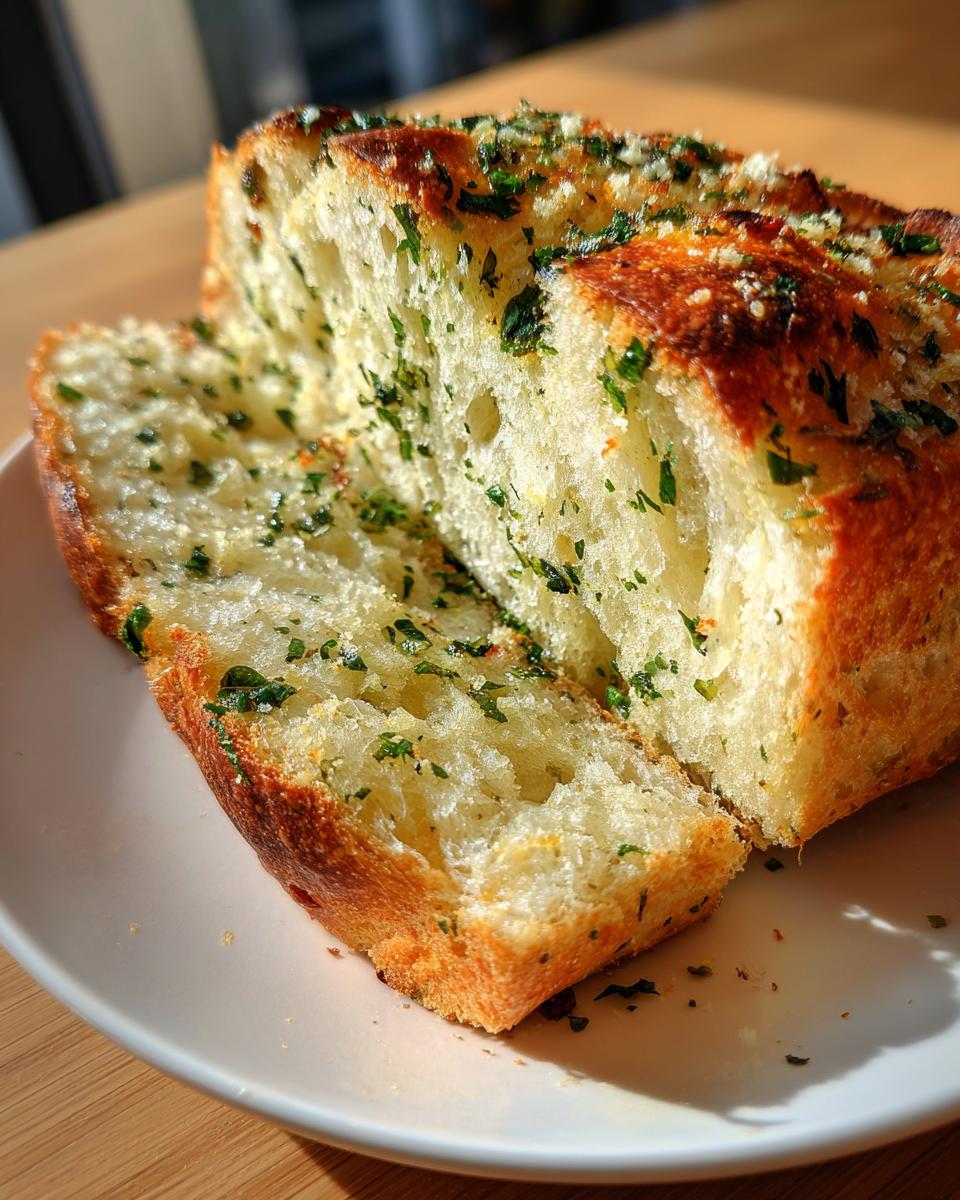 Close-up of fluffy, sliced garlic bread topped with parsley, showcasing the soft interior texture of the bread.