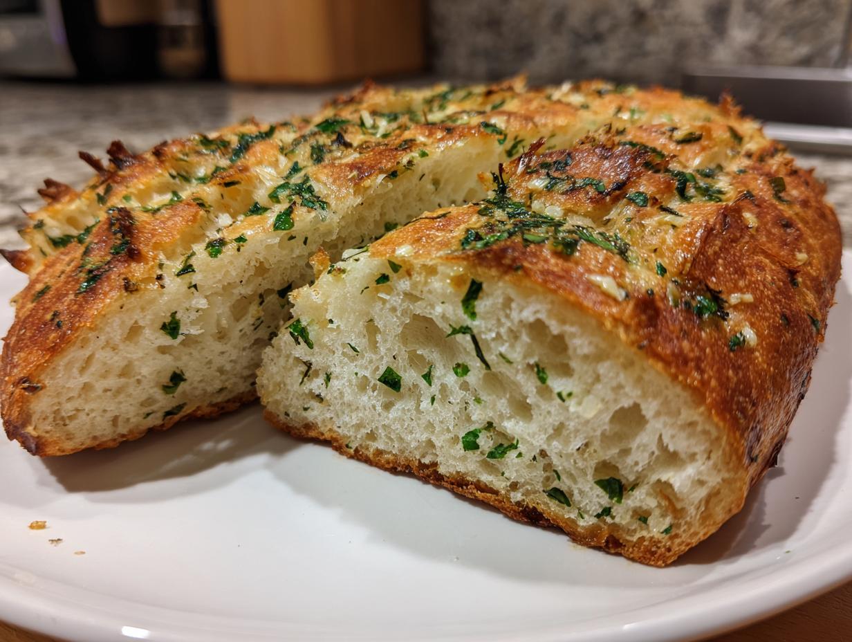 A close-up of a sliced, golden-brown focaccia bread topped with garlic and parsley, showing the airy crumb structure of the bread.