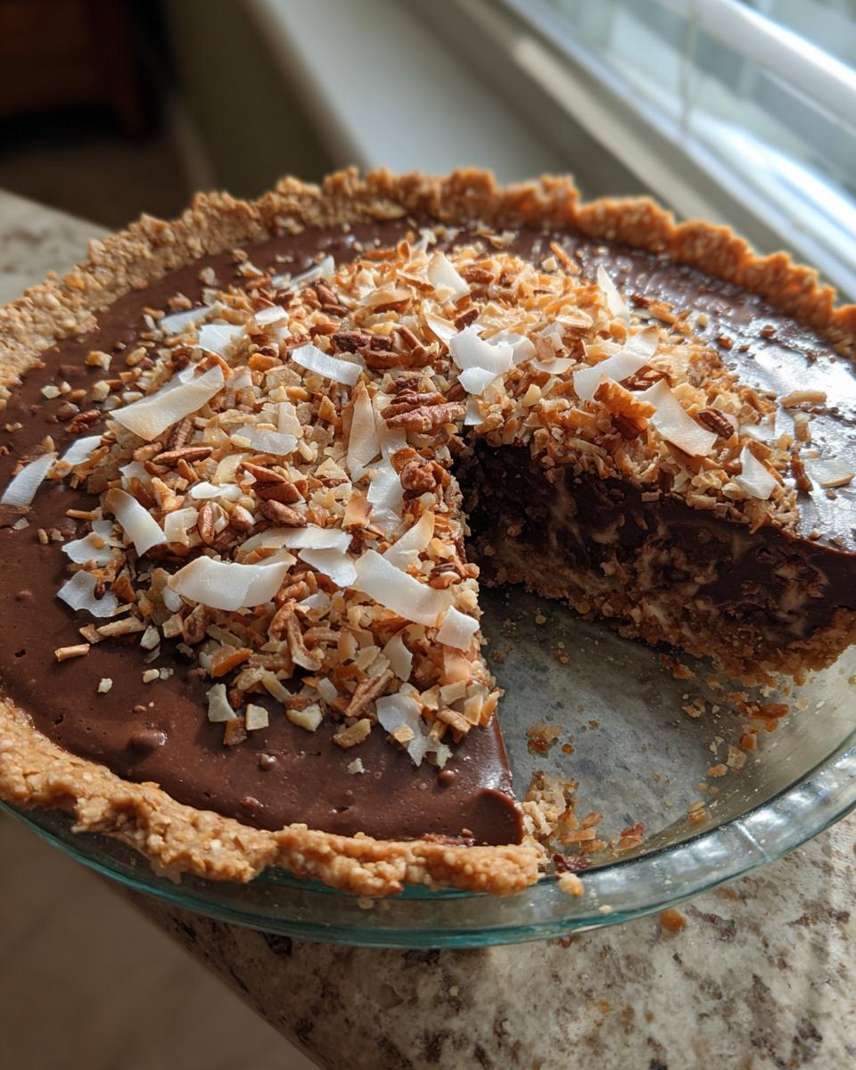A slice removed from a rich german chocolate pie topped with toasted coconut flakes and pecans.
